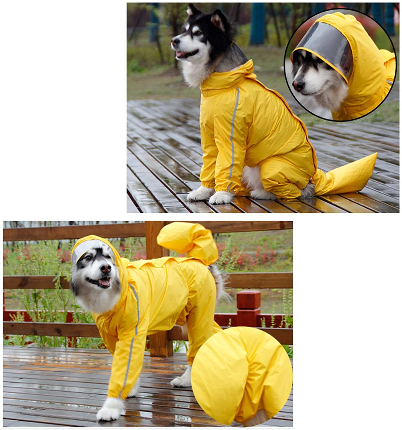 Dog Raincoat, Waterproof Jacket with Hood, Full Body Coverage Dog Rain Coats，Reflective Removable Tail Cover, Transparent Brim