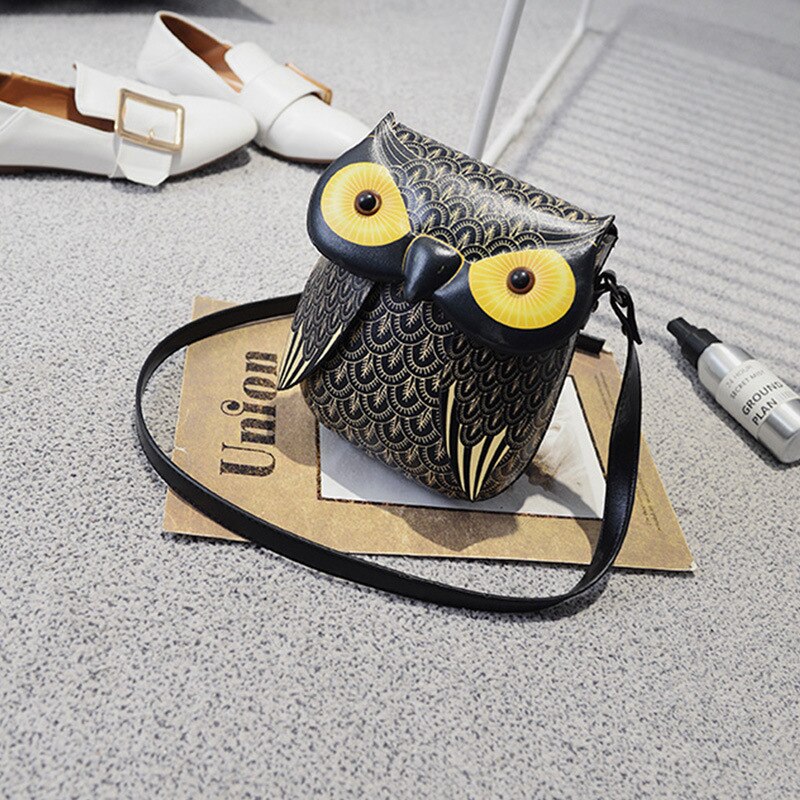 Mini sac à bandoulière en cuir pour femmes, Animal mignon, sacoche à épaule, dessin animé hibou, sacs créatifs pour filles, bourse en polyuréthane, QF Unique: Black