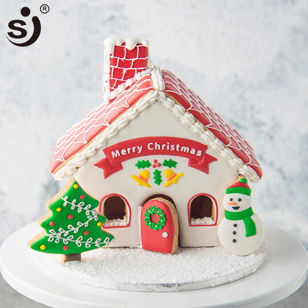 SJ 8Pcs Plastic 3d Bakken Cookie Cutter Kerst Set Huis Sneeuwpop DIY Mould Cookie Moulding Klei Plastic Snijden