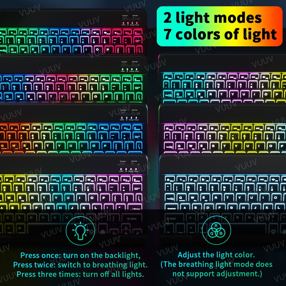 Teclado retroiluminado de arco iris para tableta, teléfono, portátil, español, ruso, portugués, inalámbrico, Bluetooth, para Xiaomi, Samsung