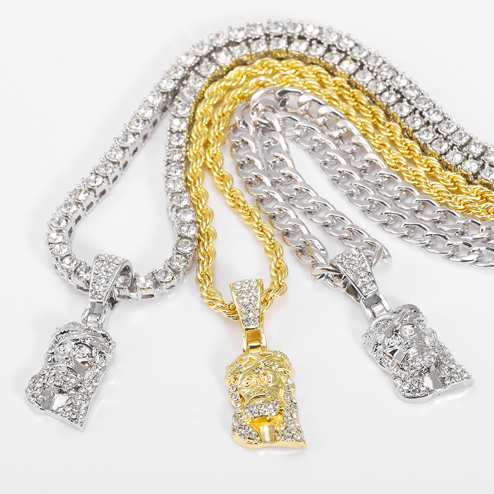 Colgante de cara de cabeza de pieza de Jesucristo para hombres, collar con dije de cristal brillante helado con cadena, joyería de Hip Hop