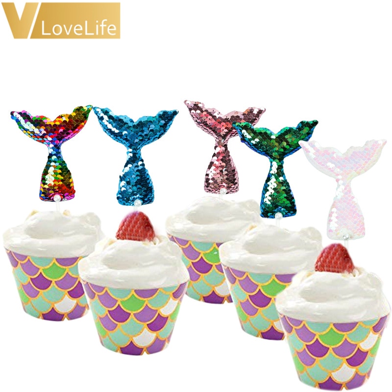 Glittering Mermaid Tail Cake Topper Under The Sea Ocean Theme Birthday Party Sequin Cupcake Decor Wedding Baby Shower Supplies