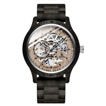 Mænd træ ure guld skelet ure mænd træ rem automatiske mekaniske armbåndsure ik farve relogio masculino: F1