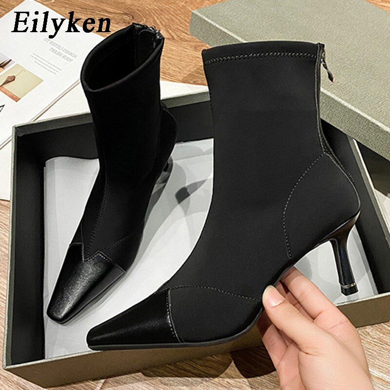 Eilyken merkki naisten nilkka resori kangas sukat saappaat teräväkärkinen matalakorkoinen beige saappaat naisten pumppu kengät: Musta / 38