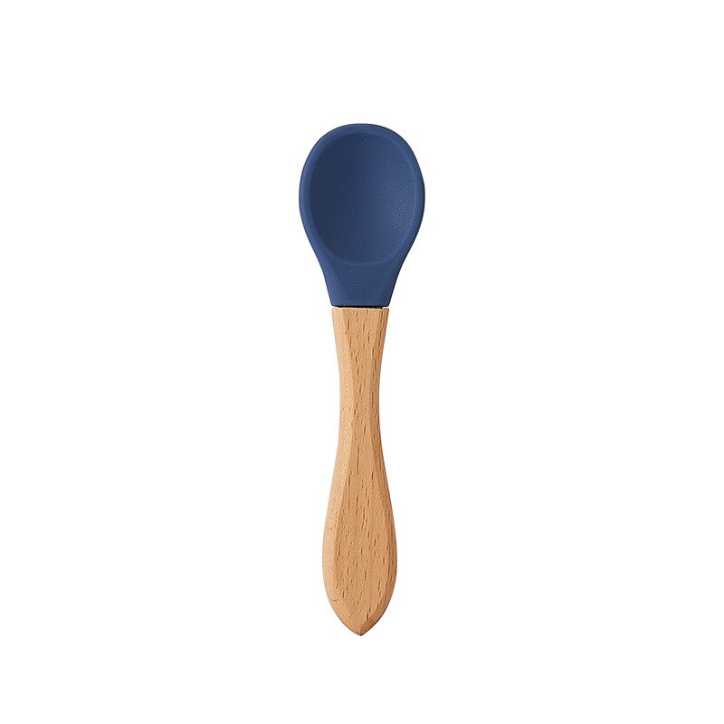 Feeding Wooden Handle Silicone Spoon For Baby Utensils Eat Soild Food Kids Training Manipulative Ability Children's Tableware: E219463