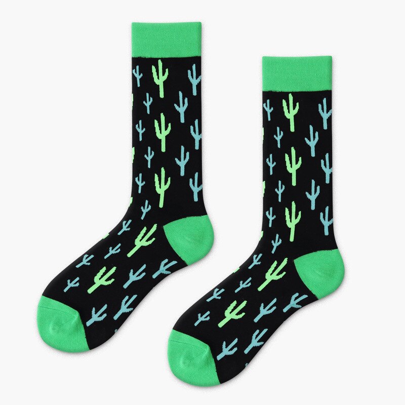 Peonfly Cotton Colorful Men Funny Food Pineapple Pumpkin Cactus Harajuku Happy Socks for Christmas: Green sock cactus