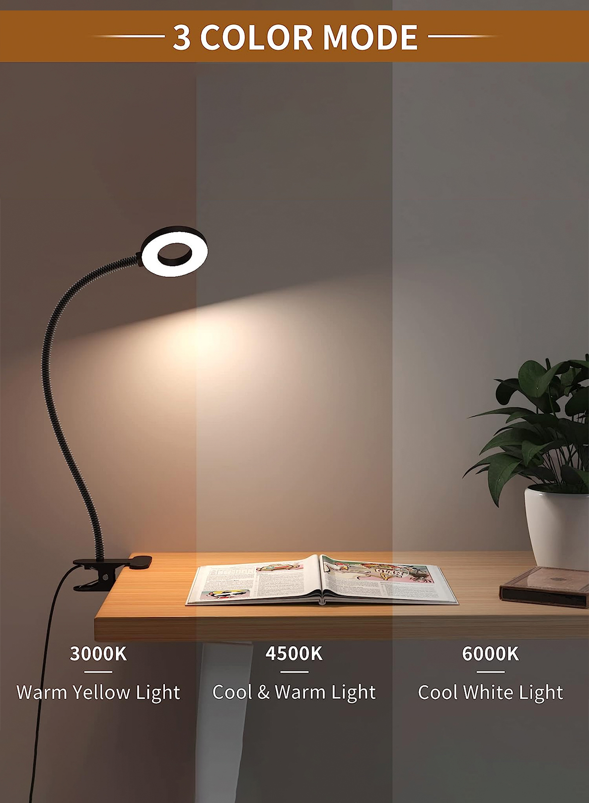 Flexível Gooseneck LED Desk Lamp, Luz de leitura com braçadeira, Luz livro para crianças, 3 modos de cores, 10 brilho