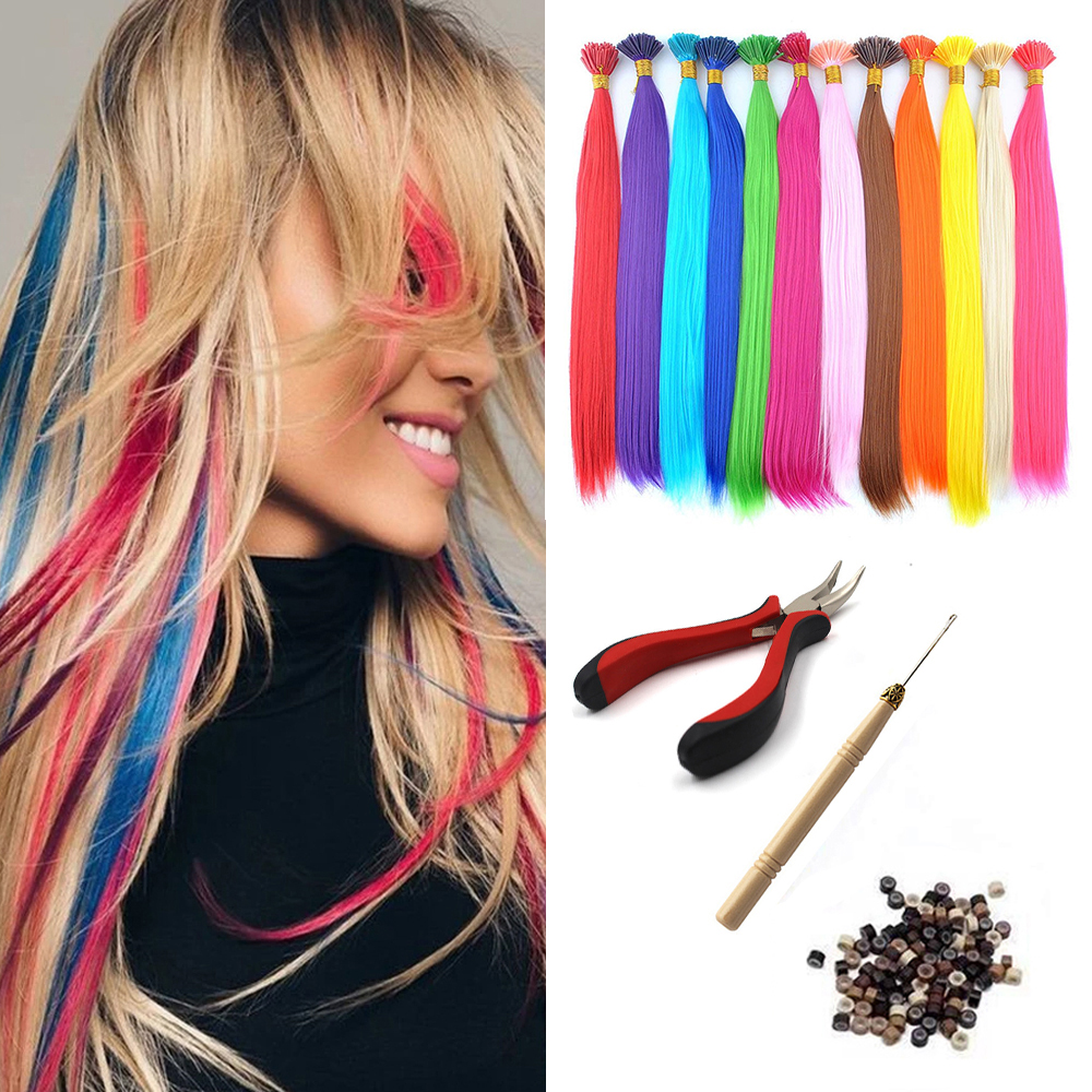 Extensiones de cabello sintético de color I-Tip Stick, pelo liso de 16 pulgadas para mujeres, alta temperatura, 10 hebras/paquete de colores