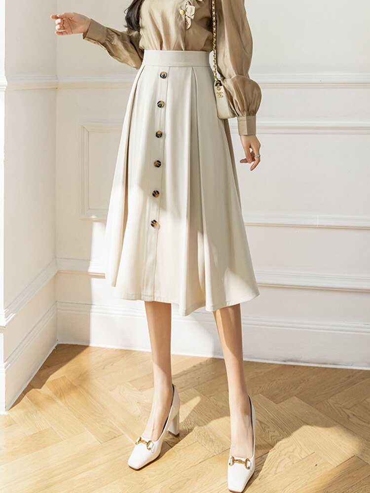High Waist Long Skirts Women 2022 Spring Korean Style All-match Single-breasted Ladies A-line Skirt W1052