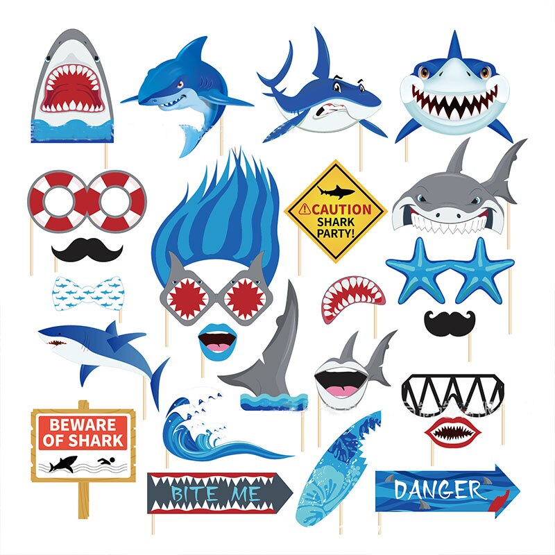 25pcs Shark Theme Birthday Photo Booth Props Ocean SharkAdult Kids Baby Happy Birthday Party Decor Camera Shooting Props Suppli: Default Title