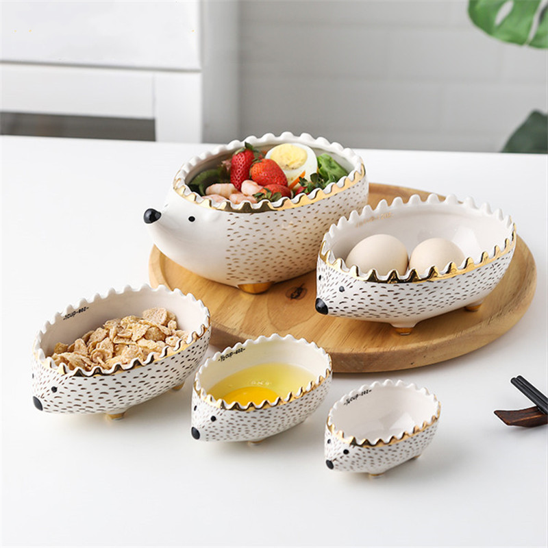 Cuenco de cerámica nórdico con forma de erizo para niños, tazón de sopa, ensalada, postre, fruta, contenedor, taza medidora de animales de dibujos animados