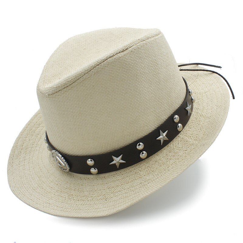 Naiset miehet olki western cowboy hattu kesäksi cowboy cowgirl aurinkohattu sombrero caps punk vyö hyvä pakkauskoko 58cm: Olki