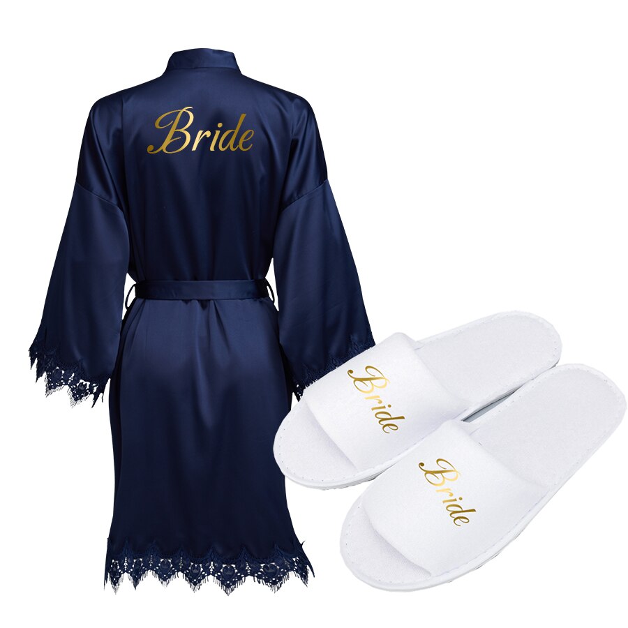 Batas de dama de honor de la novia, bata de seda satinada para boda, de , albornoz blanco: navy with slipper / one size XL