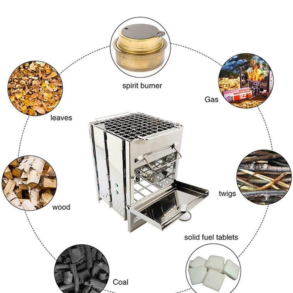 5IN1 Portable Stainless Steel Outdoor Camping Wood Stove Kit for Cooking BBQ Garden Folding