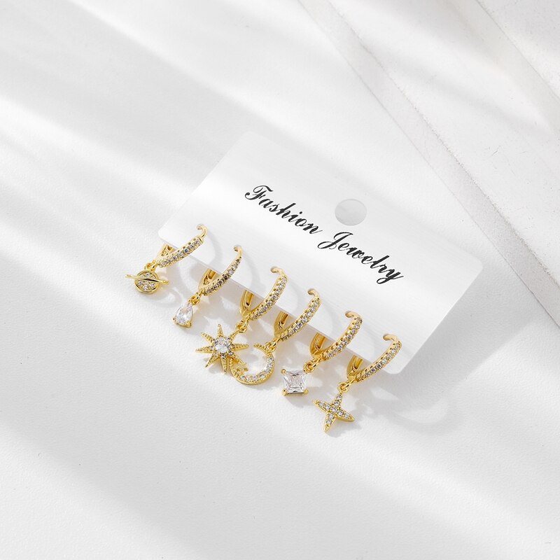 SIPENGJEL orecchini a cerchio in cristallo di zircone lucido di moda Set orecchini pendenti a forma di stella geometrica per gioielli da donna 2021: GOLD