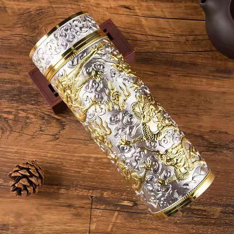 Silver Inner Liner Thermos Bottle Chinese Style Dragon Pattern Water Bottle Insulated Thermos Flask For Camping Business
