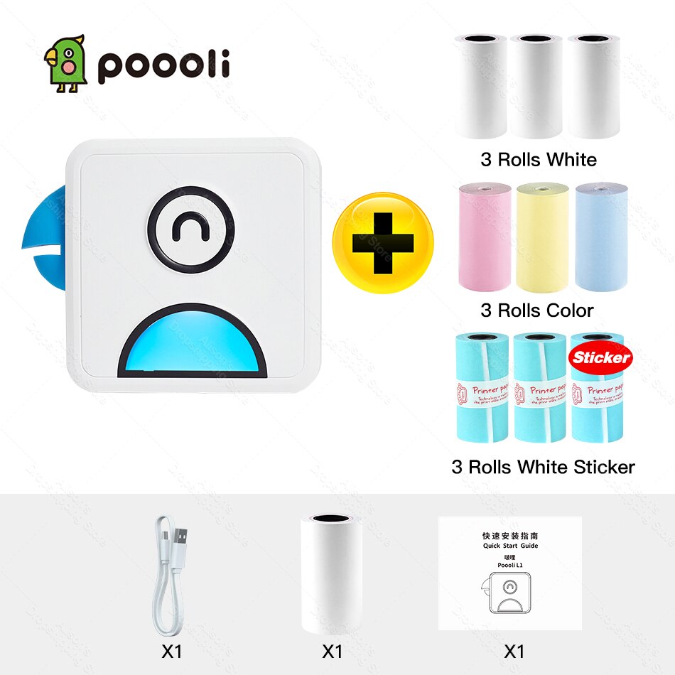 Photo Printer Pocket Thermal Label Printer Portable Bluetooth Wireless Receipt Label Sticker Printer Paper Poooli L1: Blue Add 9 Rolls