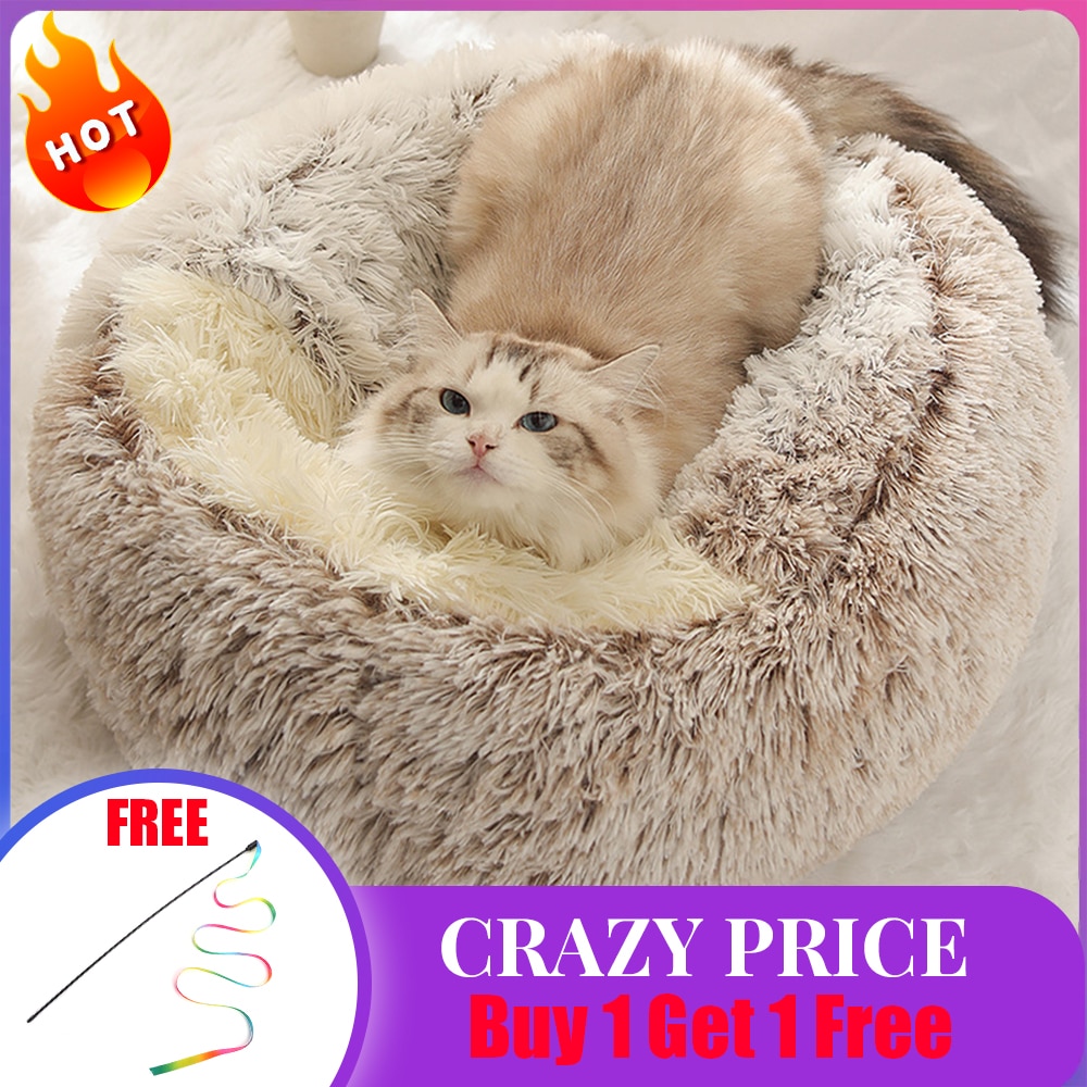 2 In 1 Round Cat Bed Cat Plush Cat Warm Bed House Soft Long Plush Bed For Small Dogs Cats Nest Cat Bed Sleeping Sofa