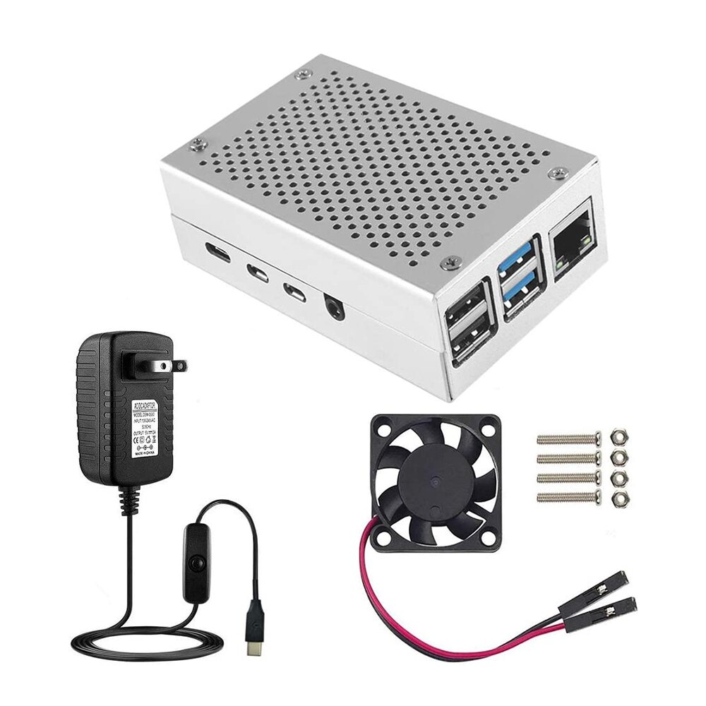 Case Voor Raspberry Pi 4 Met Aluminium Metalen Koelventilator 5V 3A USB-C Voeding Met On/Off schakelaar Voor Raspberry Pi 4 Model B: Sliver US Plug