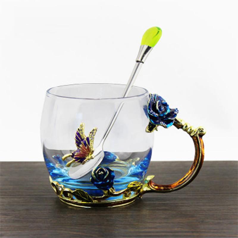 Luksus europæisk kaffekop blomst gyldent håndtag metal ske glas krus te kop mælkesaft krus drinkware bryllup: Blå rose