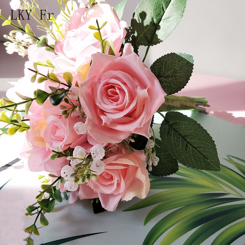 Lky Fr Bruiloft Boeket Bloemen Kunstmatige Bruidsboeket Bruid Accessoires Wit Roze Zijde Rozen Bruidsmeisjes Huwelijk Decoratie