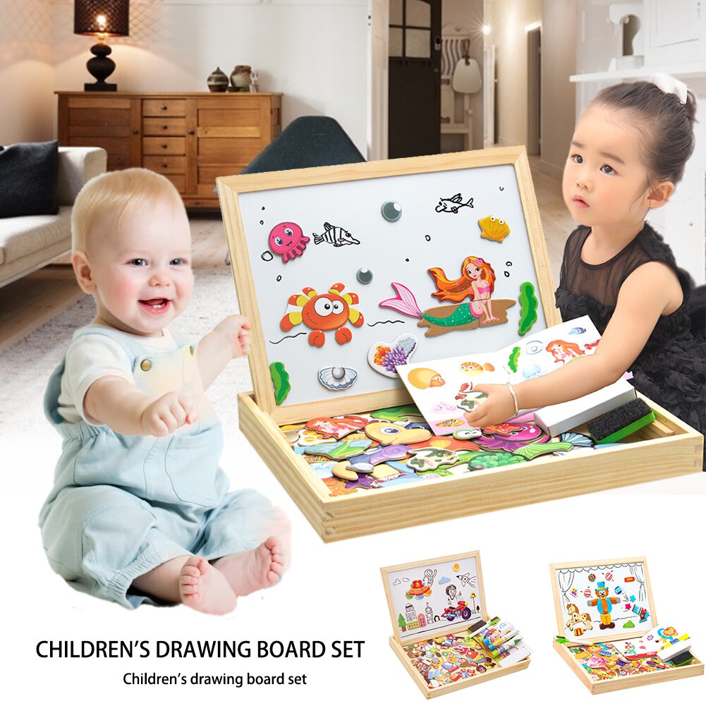 Animal Wooden Toys Magnetic Easel Board Jigsaw 3D Puzzle Toy Box With Board For Children Draw Educational Learning Toy Kids