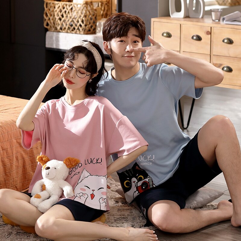 Couple's Pajamas Set Summer Cotton Leisure Cartoon Giraffe Cute Women's Sleepwear Plus Size Short Sleeve Men And Women Homewear