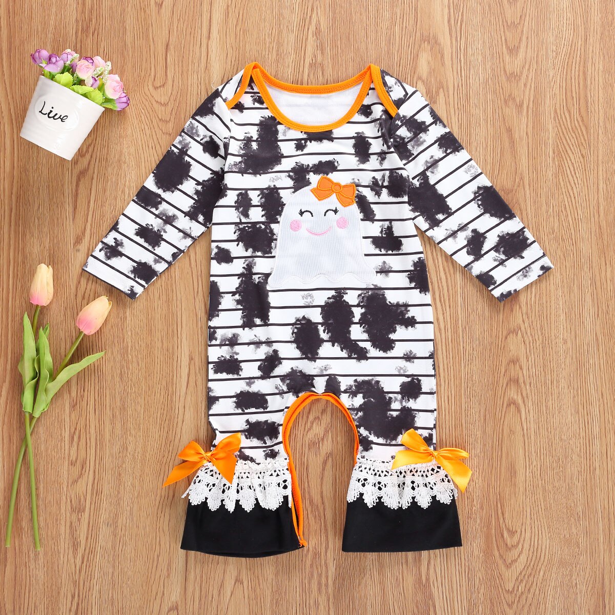 FOCUSNORM Herbst Baby Mädchen Jungen Rompers Halloween binden-Farbstoff gedruckt lang Ärmel Rüschen Jumpsuits Outfits