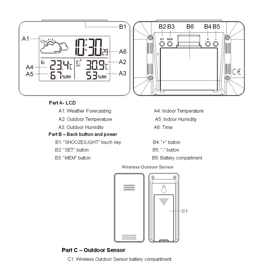 FanJu – réveil numérique FJ3364, Station météo, capteur sans fil, hygromètre, thermomètre, montre LCD, horloge de Table de bureau