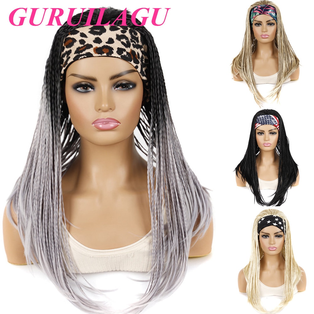 GURUILAGU Braided Wigs For Black Women Synthetic Wig Female Perruque Tresse Africaine Gray/613/Black Headband Wig 2 Headbands