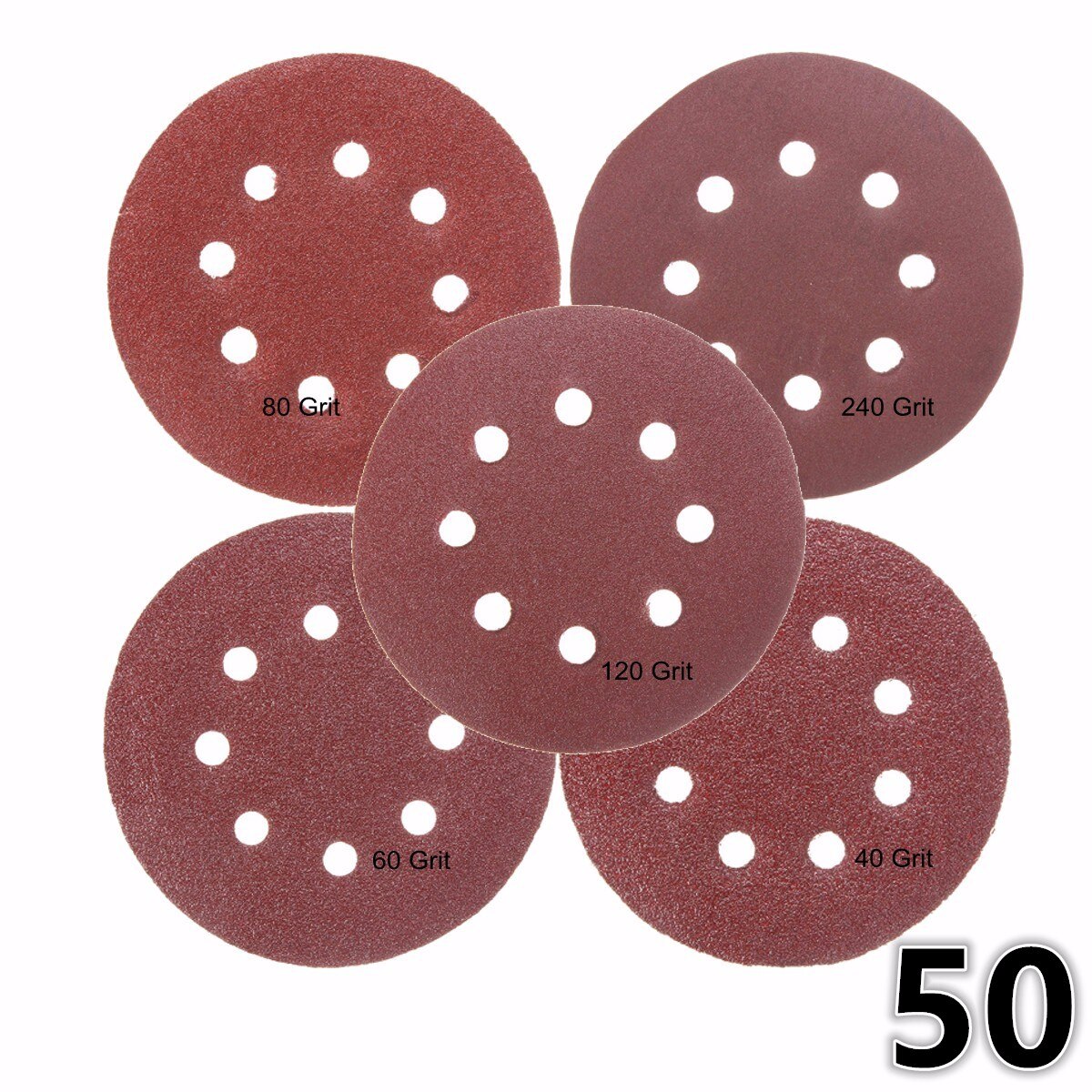 50pcs/Set 125mm Sanding Disc Round Shape 8 Hole Mixed 40 60 80 120 240 Grit Orbital Paper Punch Sheet Sandpaper Polisher Sanders