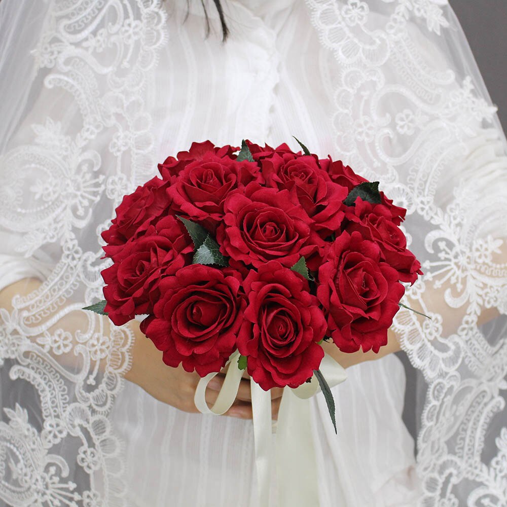 Ekte bilder kunstig rød rose bryllupsbukett vakre bryllupstilbehør brudebukett de mariage