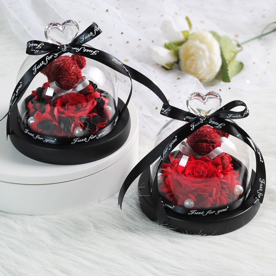 Getrocknete Blumen Ornamente Erhalten Rosen Bears in Glas Abdeckung mit Lichter Hochzeit Weihnachten Neue Jahr Wohnkultur für Mädchen