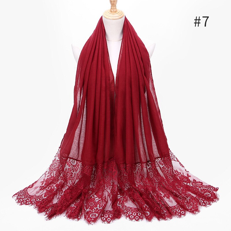 Two Sides Floral Lace Hijabs Viscose Head Scarves Muslim Womens Plain Maxi Muffler Cotton Arab Shawl Tudung Turban 1PC: 7 bright wine red