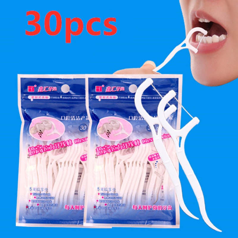 Palo de hilo Dental de plástico de 30 Uds., alambre de nailon portátil, limpiador para el cuidado de los dientes, conjunto de herramientas de limpieza para la higiene bucal