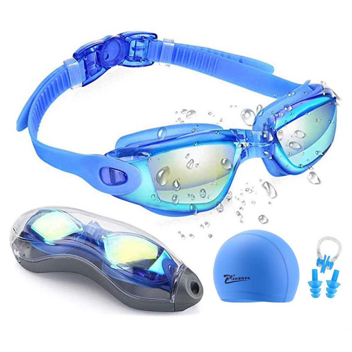 Svømmebriller anti-tåge uv svømmehætter silikone svømmebriller etui næse øreprop til børn mænd kvinder dykke briller: Blå sæt