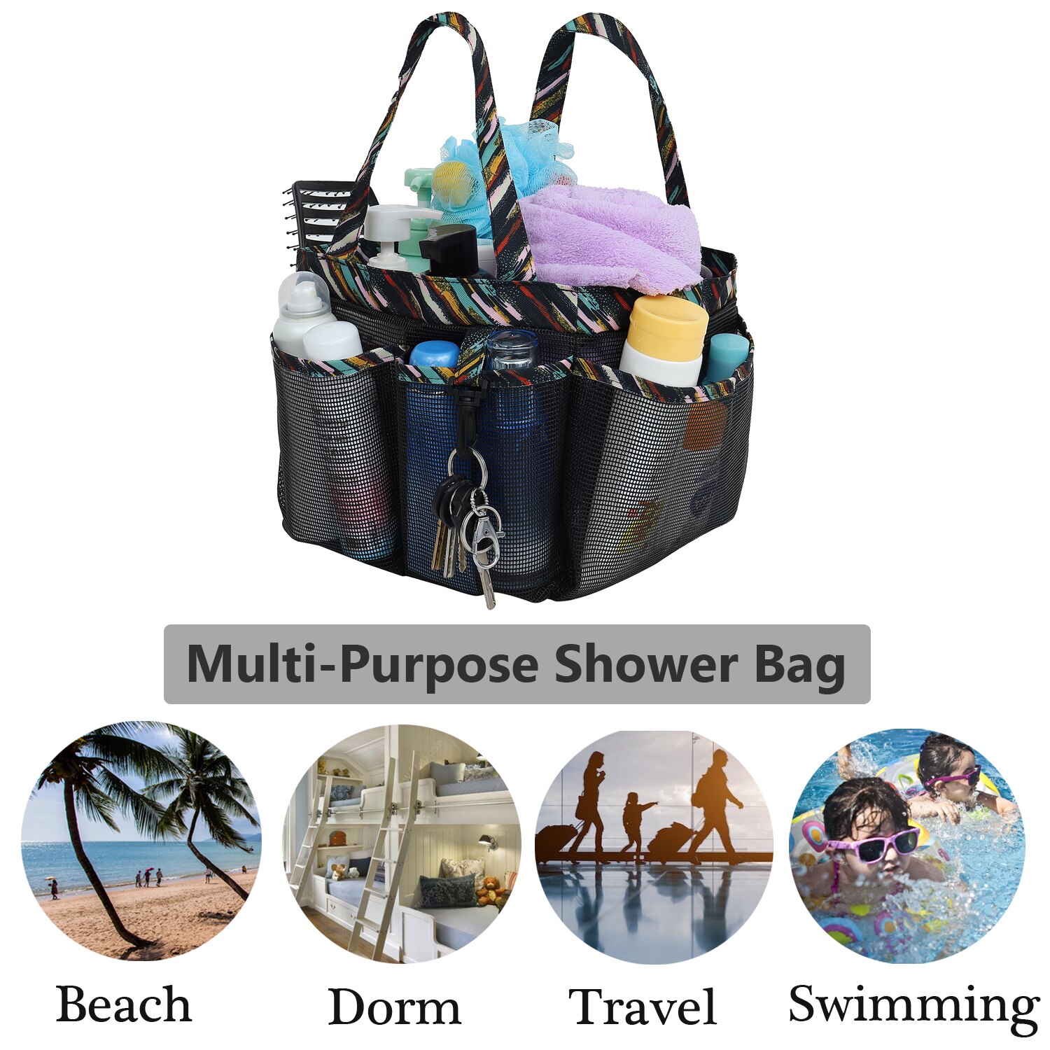 Mesh Shower Caddy Tote for College Dorm Room Essentials, Hanging Large Portable Bag Toiletry Organizer with Key Hook