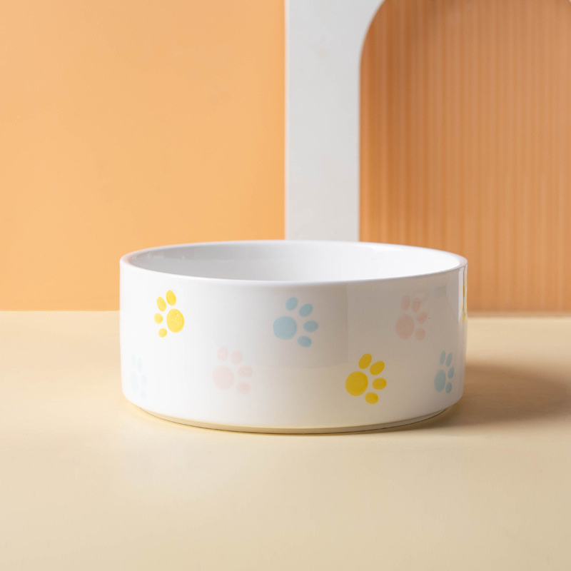 Ceramics Dog Bowl with Wood Mat Wide Mouth Feeding Bowls Food and Water Pet Feeder for Cat Puppy Protecting Cervical Spine: M / WHITE