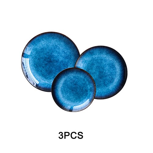 Vajilla de cerámica nórdica para el hogar, plato de cerámica , bandeja azul, vajilla Retro, carne, fruta occidental, vajilla de alta gama: 3PCS