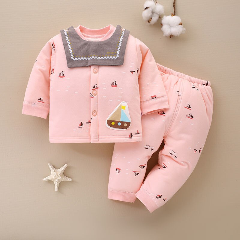 0-12M Unisex Pasgeboren Baby Kleding Katoen Kids Meisjes Dikke Warme Soild Bodysuits Lange Mouwen Leuke Kleding Baby meisje Pyjama Set: pink / 9m