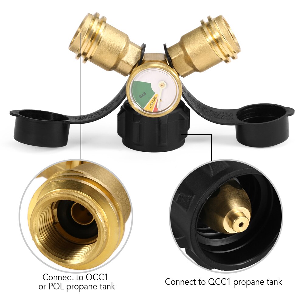 Propane Tank Y-Splitter Adapter Two Way LPG Adapter Tee Connector QCC1 Tank T Adapter with Gauge for BBQ Camping Stoves Heater