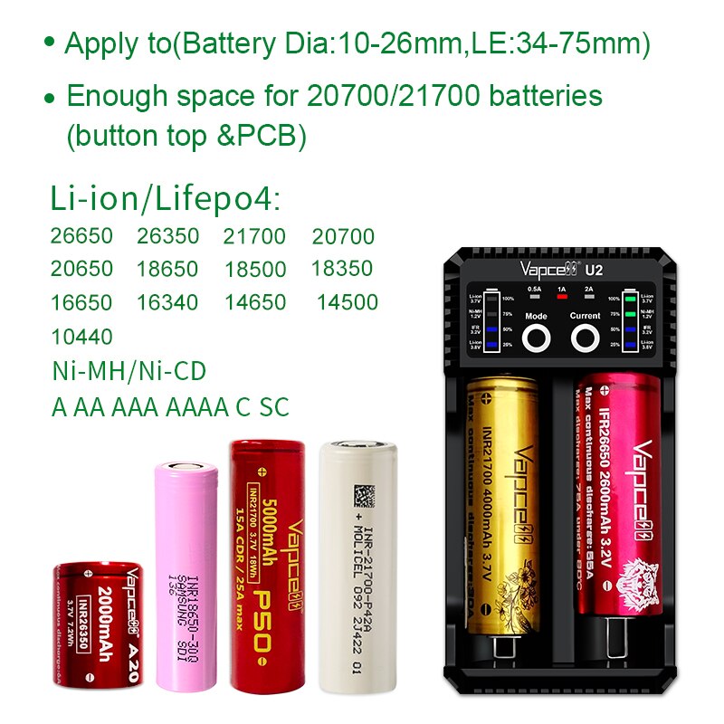Vapcell U2 2A Smart mini charger USB for Li-ion / Lifepo4 / Ni-MH/Ni-Cd AAA AAAA C D battery charge