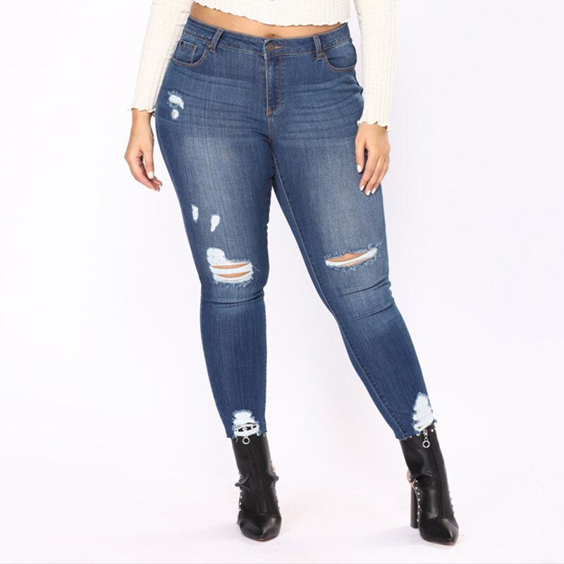 Pencil Blue Denim Pants Woman Ripped Hole Washed Jeans Female Big Hip Plus Size 7X Trousers