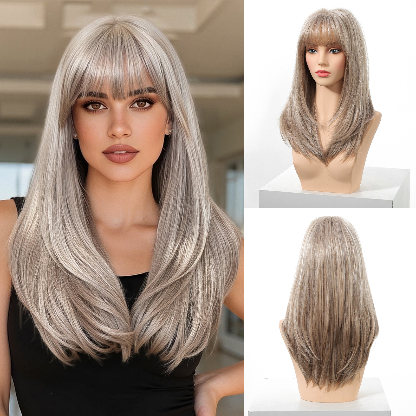 Easihair lång silverfärgad med blonda slingor syntetiska peruker för kvinnor rak med lugg naturlig peruk cosplay-hår värmebeständigt