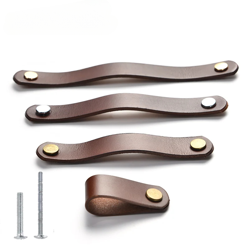 Boutons en cuir marron meubles rétro européens tiroir armoire porte poignée placard armoire à chaussures peau de vache tire bouton
