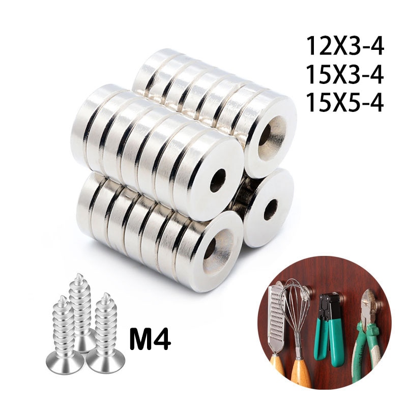 12 x 3 15 x 3 15 x 5 reikää 4mm n35 ndfeb uppotettu pyöreä magneetti erittäin tehokas vahva kestomagneettinen imane-levy  m4 ruuvilla