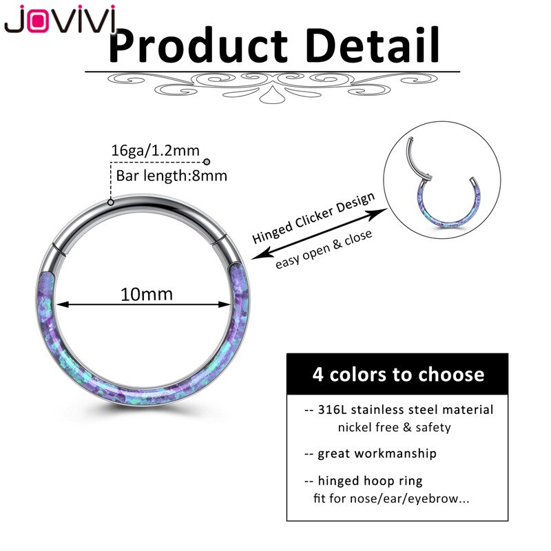 Jovivi Rvs 16G Twist Scharnierende Clicker Neus Septum Ring Synthetische Opal Hoop Wenkbrauw Lip Oor Ringen Body Piercing sieraden