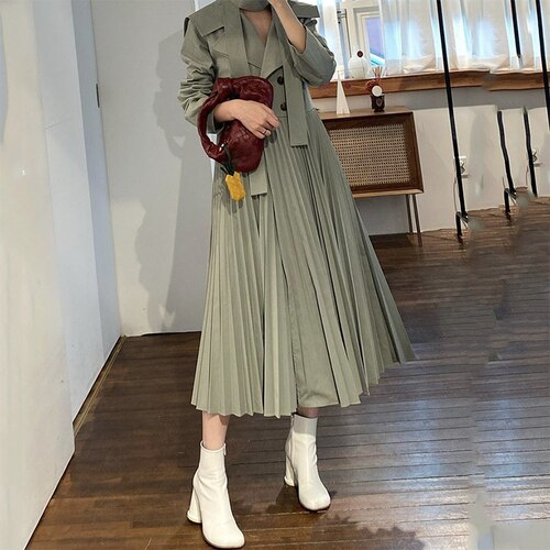 Trench-Coat plissé Double boutonnage pour femme, manteau Long Vintage, Style anglais, coupe-vent féminin avec ceinture: green / M