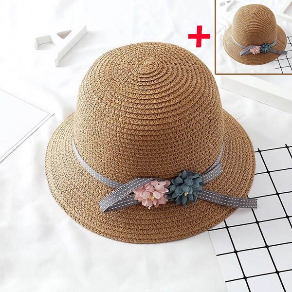 2pcs Women Straw Hat Knot Bow Floral Wide Brim Parental-Child Cap for Beach: hat  Khaki sakura