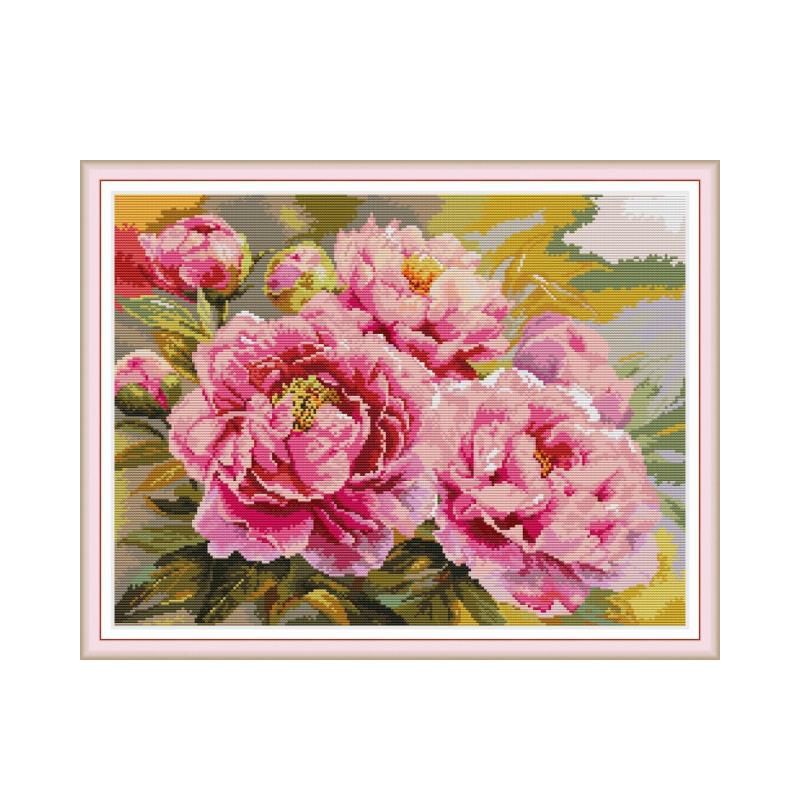 Kit de punto de cruz de peonía rosa, costura de lienzo, bordado artesanal hecho a mano, aida 14ct 11ct